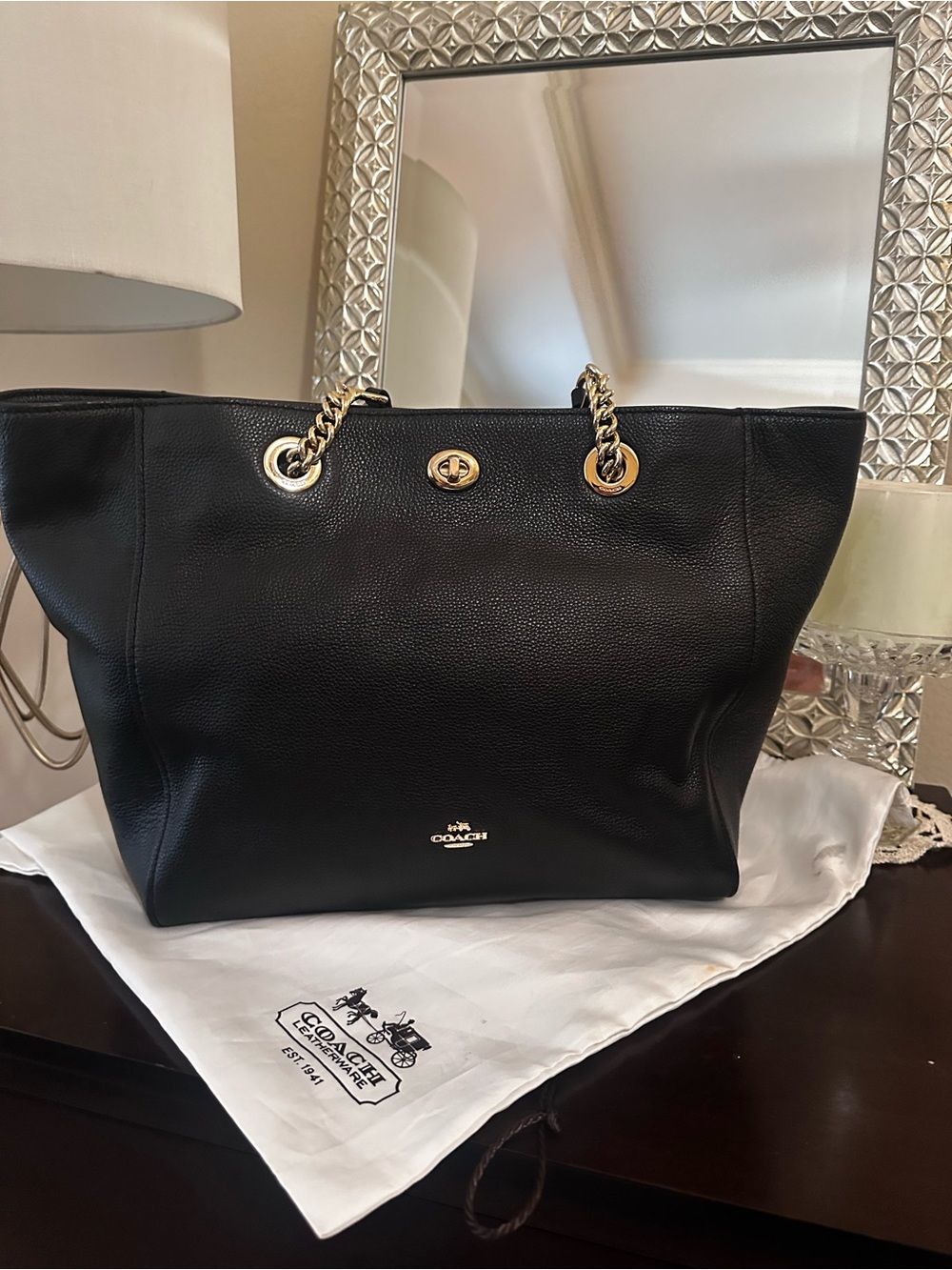 Coach Turnlock  Black Leather Tote with Gold Chain Handles